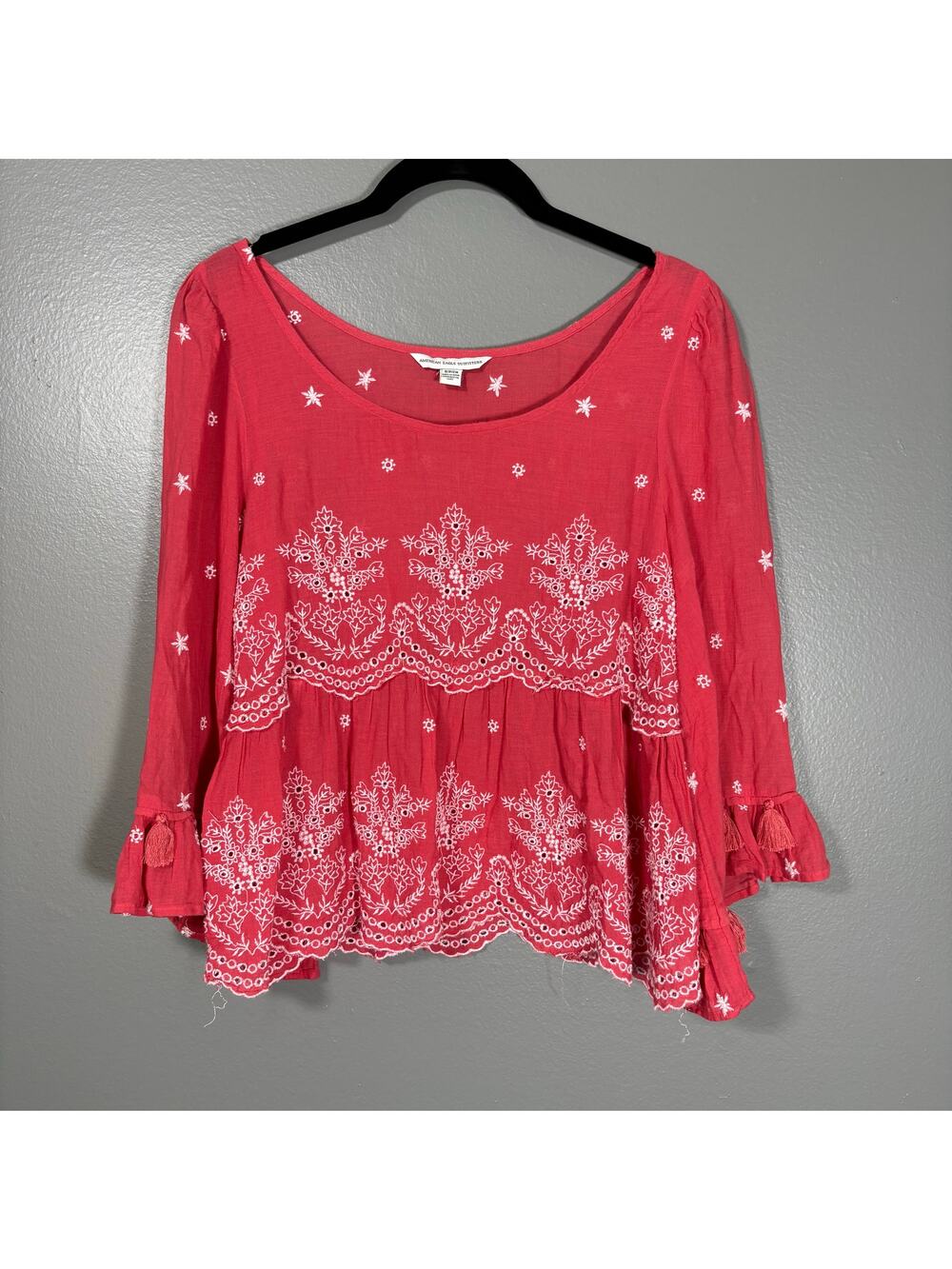 American Eagle Women's Red Embroidered Boho Peasant Top - Size Small - Flutter